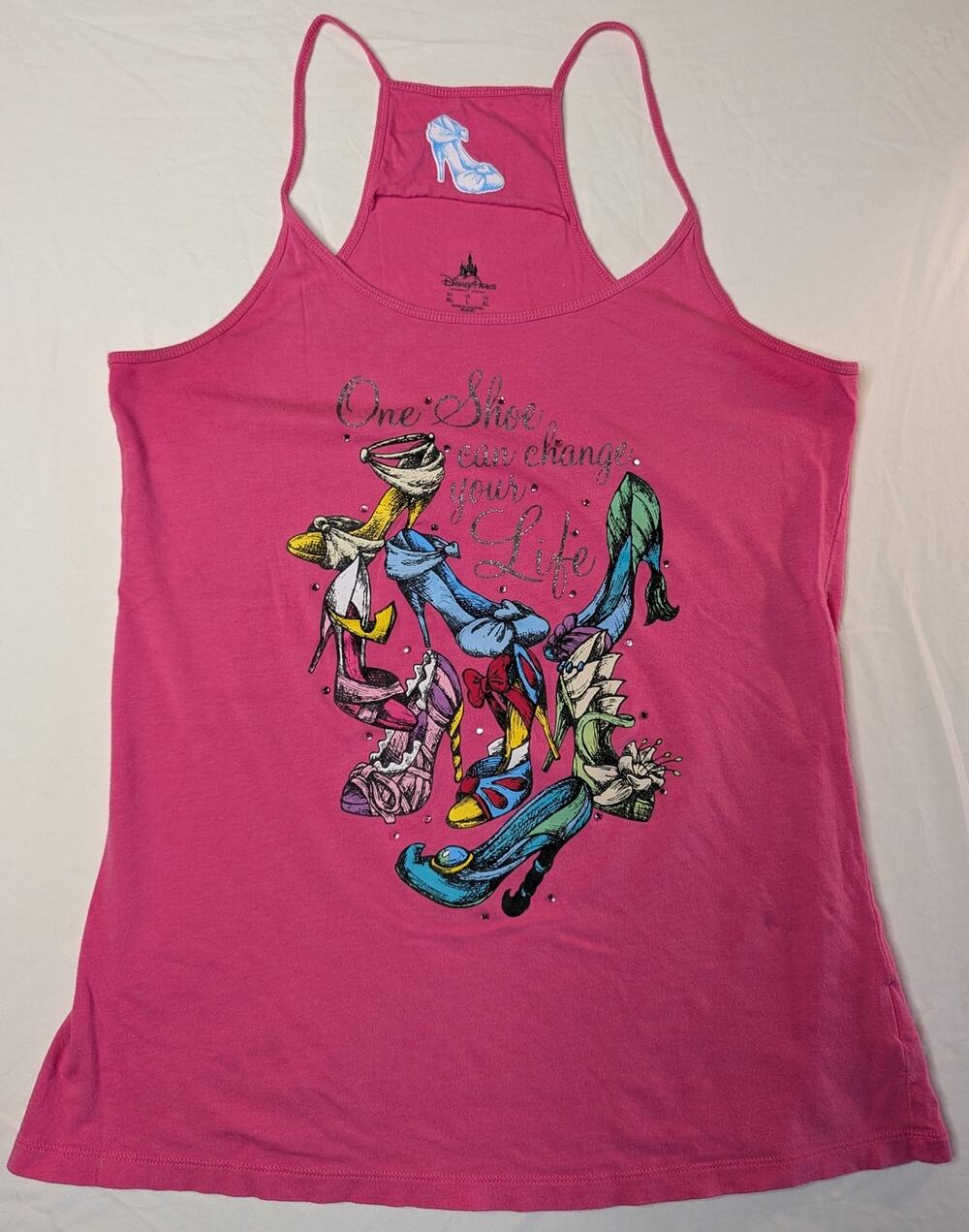 Disney Parks Princess Shoes Strappy Tank Top Shirt Sz L Pink Bling Feminine Fun